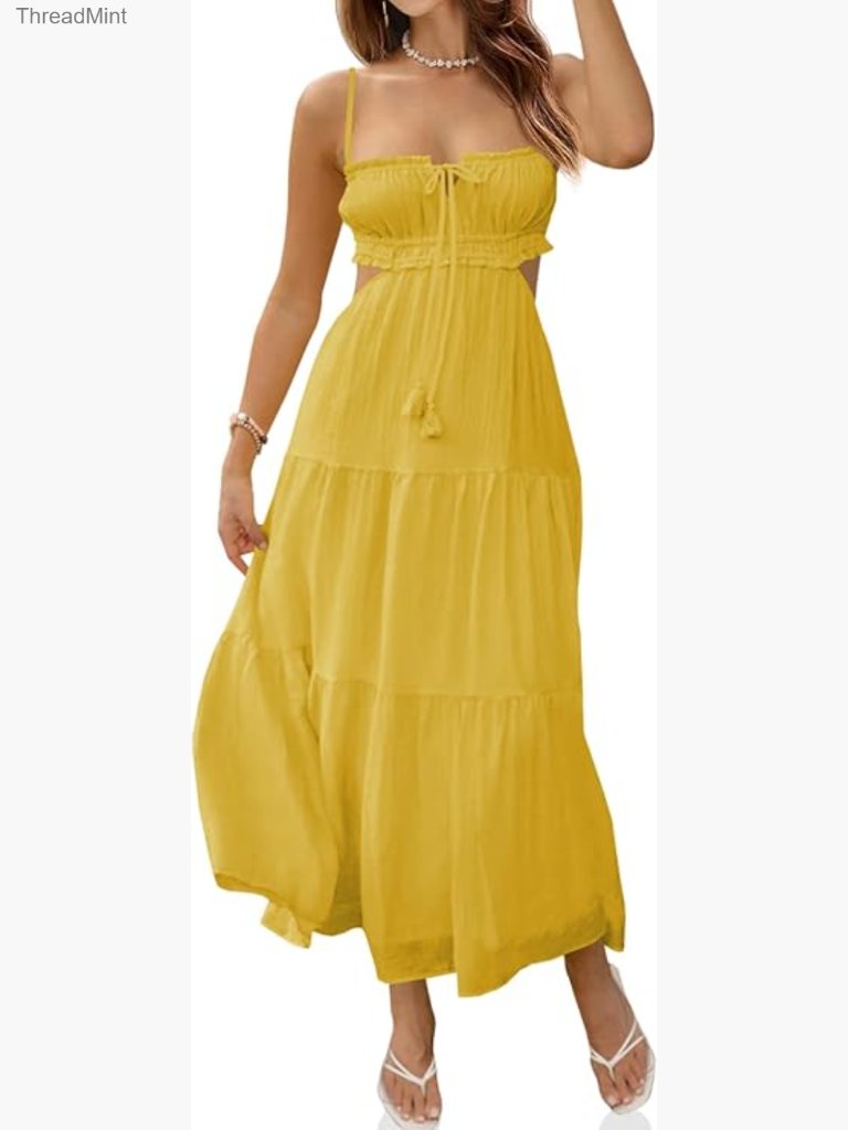 Spaghetti Strap Maxi Dress Backless Side Cut Out Flowy Summer Formal